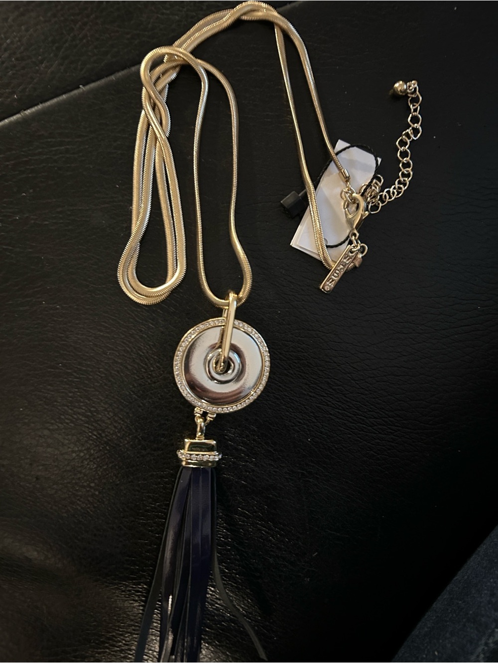 WHBM Gold-Tone Medallion Necklace w/Black Leather Tassel NWT